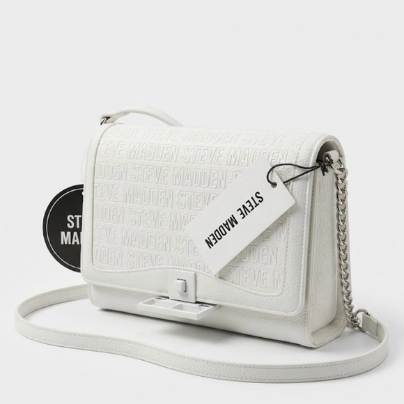 Steve Madden Handbags - Steve Madden White Embossed Logo Chain-Accent Crossbody